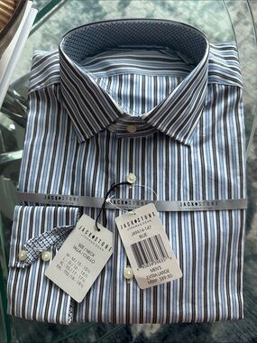 Thomas Dean Blue and White Striped Dress Shirt with Navy Accents